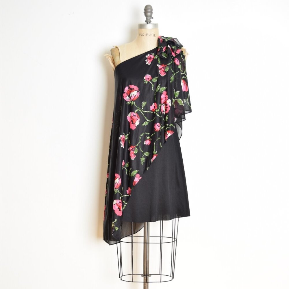 vintage 70s dress black pink one shoulder draped floral print disco mini S